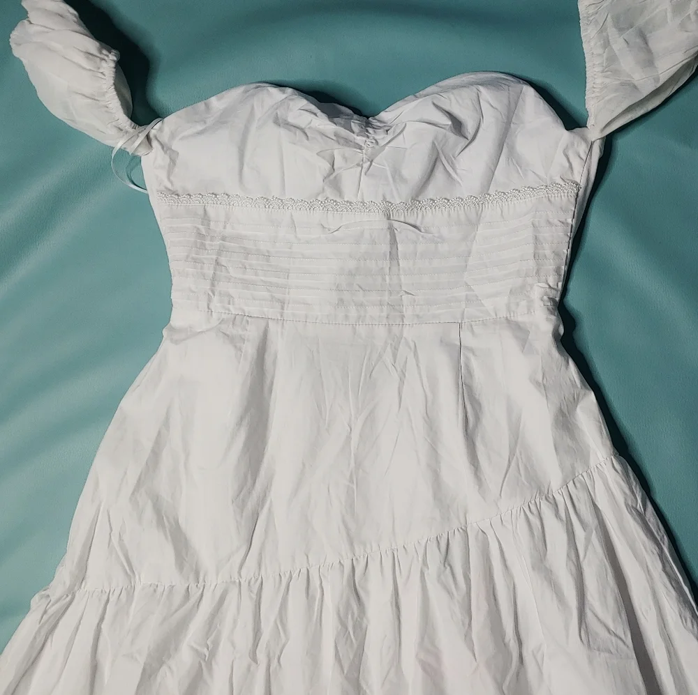 Hello Molly White Off-Shoulder Tie Back Tiered Midi Dress - Picture 2 of 7